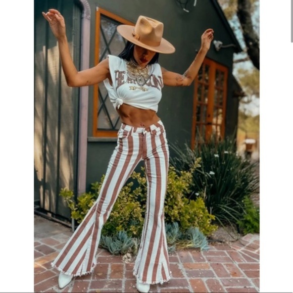 BOHO BABE BOLD-Striped Denim Flare Jeans - Picture 4 of 12